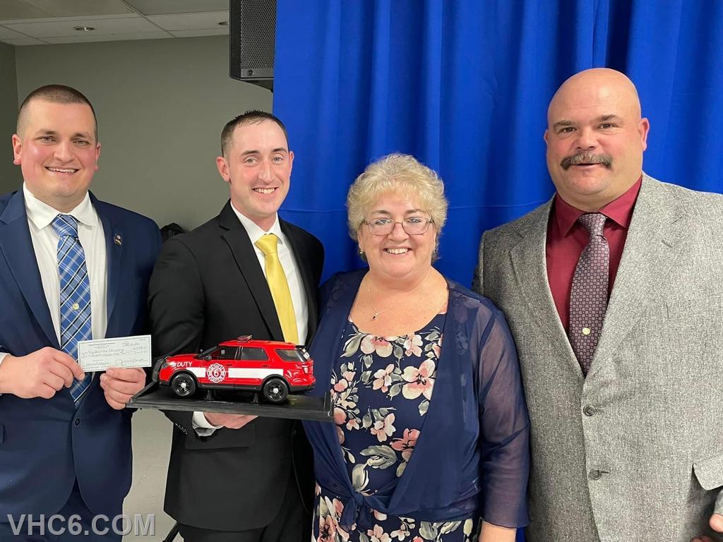 VHC Auxiliary President Patty Kuykendall presents a donation of a new duty vehicle and a donation of $10,000 from the Auxiliary to the fire department.  (L-R; President Tom Ward, Chief Josh Brotherton, VHC Auxiliary President Patty Kuykendall, Past Chief Chad Umbel)
